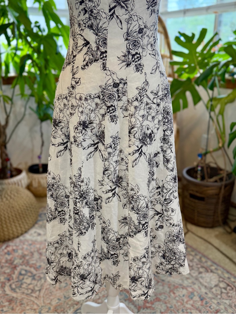 Linen Blend Bagatelle Artsy Boho Euro Summer White Black Floral Midi SunDress 6 - Picture 4 of 12